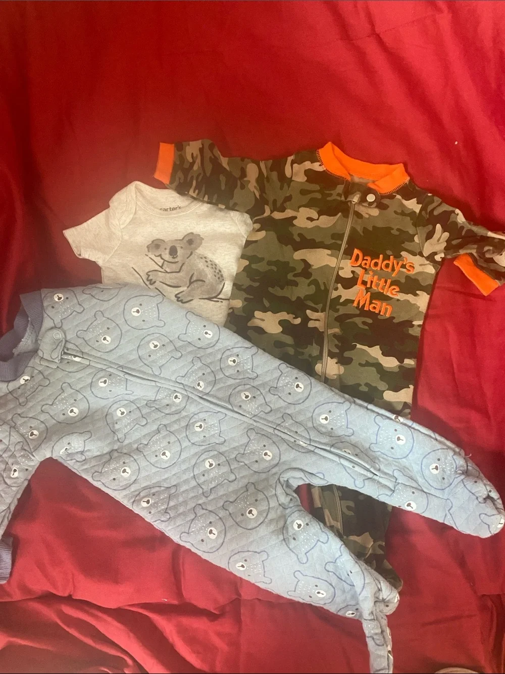 BMW Light Blue Bear Quilted Footed One-Piece/Camo Garanimals Footed One Piece +